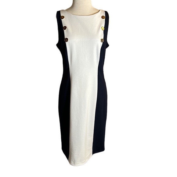 Sharagano Navy Blue and White Shift Dress with Gold Button Detail.Flattering Fit - Picture 1 of 9